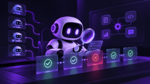 AI agent testing workflow showing test planning, test case creation, execution, result analysis, and production readiness validation.