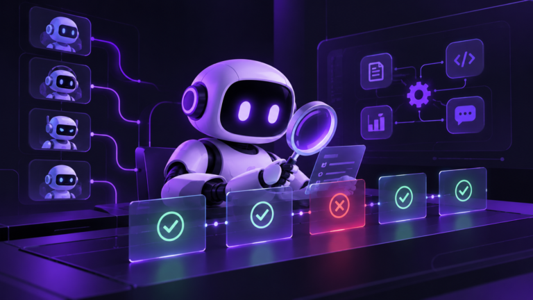 AI agent testing workflow showing test planning, test case creation, execution, result analysis, and production readiness validation.